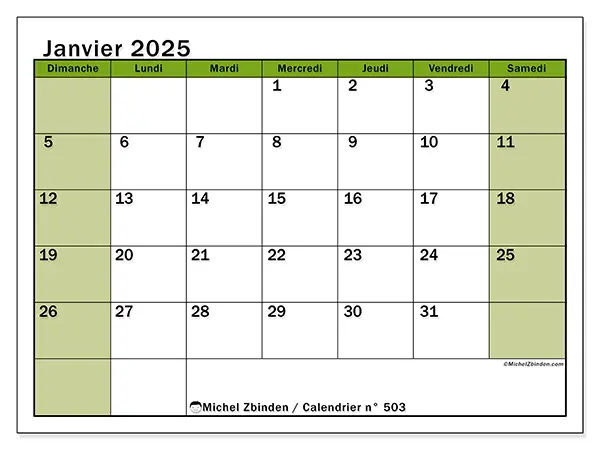 Calendrier n° 503 pour janvier 2025 à imprimer gratuit. Semaine : Dimanche à samedi.