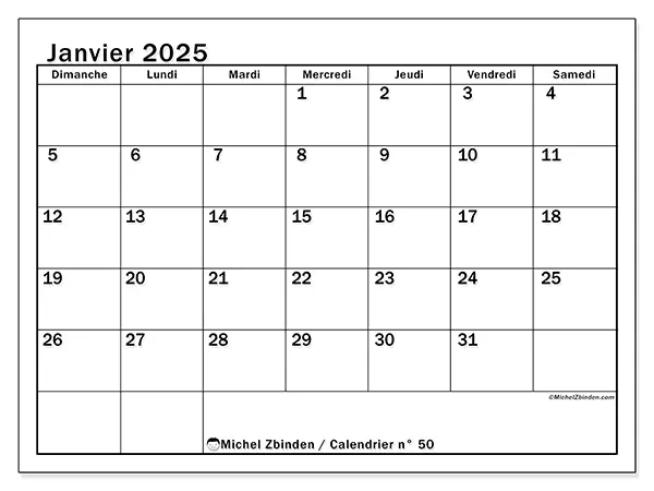 Calendrier n° 50 pour janvier 2025 à imprimer gratuit. Semaine : Dimanche à samedi.