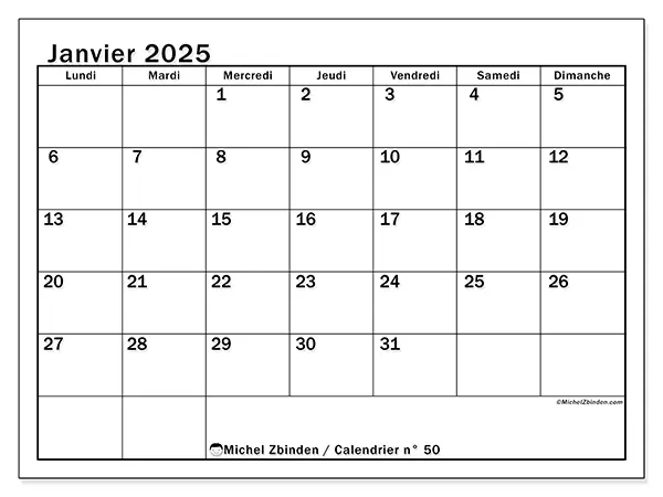 Calendrier n° 50 pour janvier 2025 à imprimer gratuit. Semaine : Lundi à dimanche.