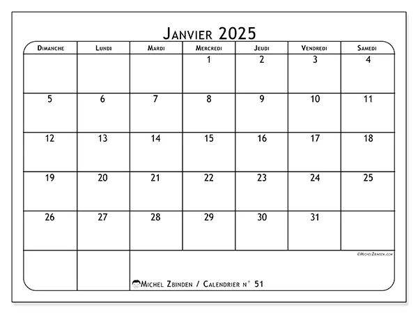 Calendrier n° 51 pour janvier 2025 à imprimer gratuit. Semaine : Dimanche à samedi.