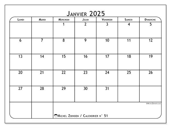 Calendrier n° 51 pour janvier 2025 à imprimer gratuit. Semaine : Lundi à dimanche.