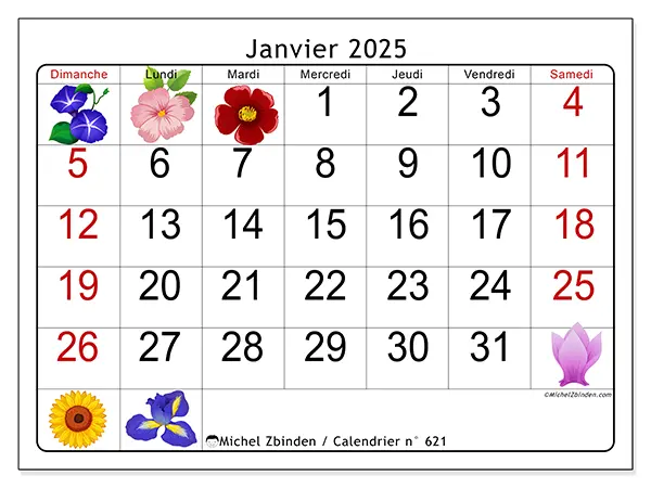 Calendrier n° 621 pour janvier 2025 à imprimer gratuit. Semaine : Dimanche à samedi.