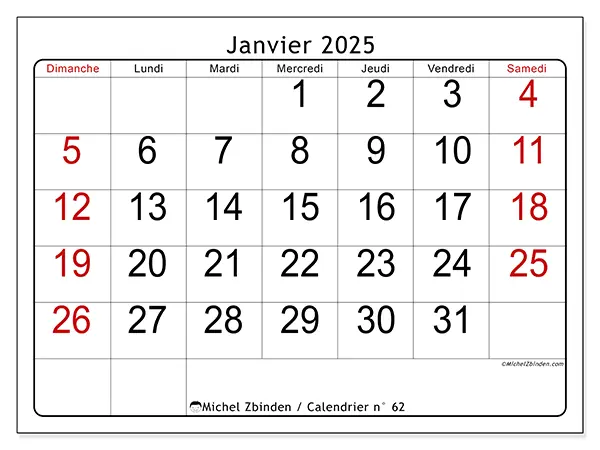 Calendrier n° 62 pour janvier 2025 à imprimer gratuit. Semaine : Dimanche à samedi.