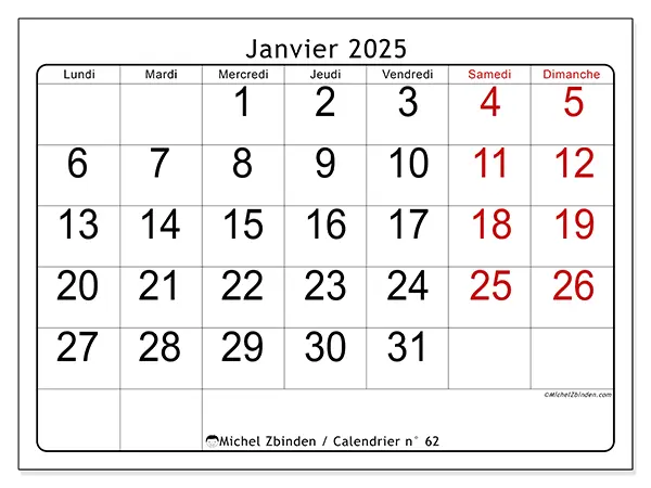 Calendrier n° 62 pour janvier 2025 à imprimer gratuit. Semaine : Lundi à dimanche.
