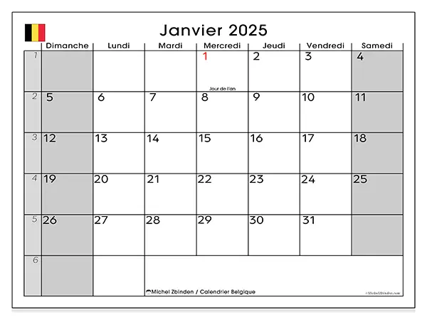 Calendrier Belgique pour janvier 2025 à imprimer gratuit. Semaine : Dimanche à samedi.