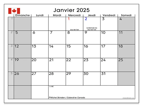 Calendrier Canada pour janvier 2025 à imprimer gratuit. Semaine : Dimanche à samedi.