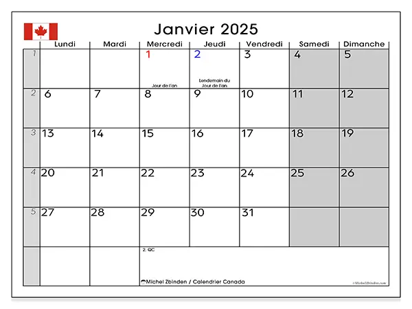 Calendrier Canada pour janvier 2025 à imprimer gratuit. Semaine : Lundi à dimanche.