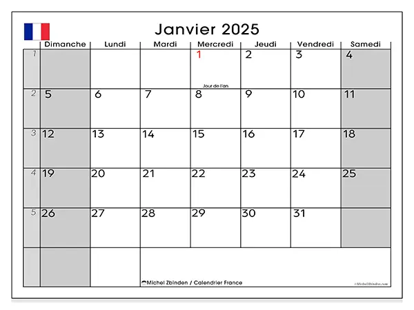 Calendrier France pour janvier 2025 à imprimer gratuit. Semaine : Dimanche à samedi.