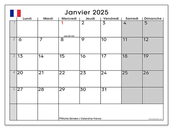 Calendrier France pour janvier 2025 à imprimer gratuit. Semaine : Lundi à dimanche.