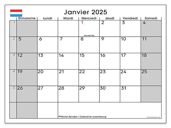 Calendrier Luxembourg à imprimer gratuit, janvier 2025. Semaine :  Dimanche à samedi