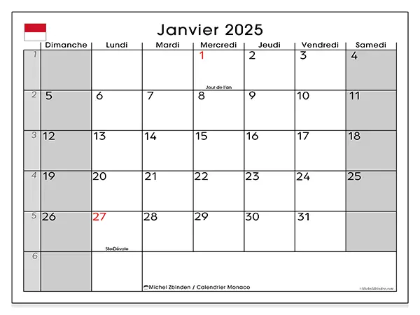 Calendrier Monaco pour janvier 2025 à imprimer gratuit. Semaine : Dimanche à samedi.