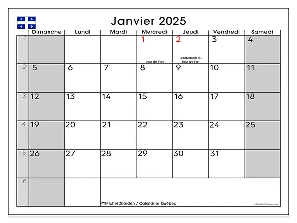 Calendrier Québec pour janvier 2025 à imprimer gratuit. Semaine : Dimanche à samedi.