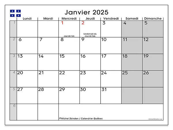 Calendrier Québec pour janvier 2025 à imprimer gratuit. Semaine : Lundi à dimanche.