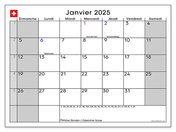 Calendrier Suisse pour janvier 2025 à imprimer gratuit. Semaine : Dimanche à samedi.