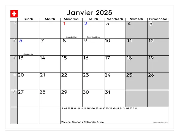 Calendrier Suisse pour janvier 2025 à imprimer gratuit. Semaine : Lundi à dimanche.