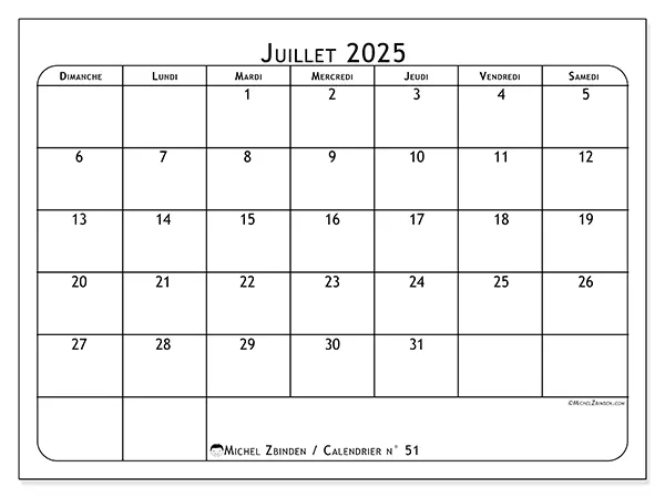 Calendrier n° 51 à imprimer gratuit, juillet 2025. Semaine :  Dimanche à samedi
