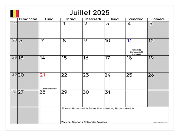 Calendrier Belgique à imprimer gratuit, juillet 2025. Semaine :  Dimanche à samedi