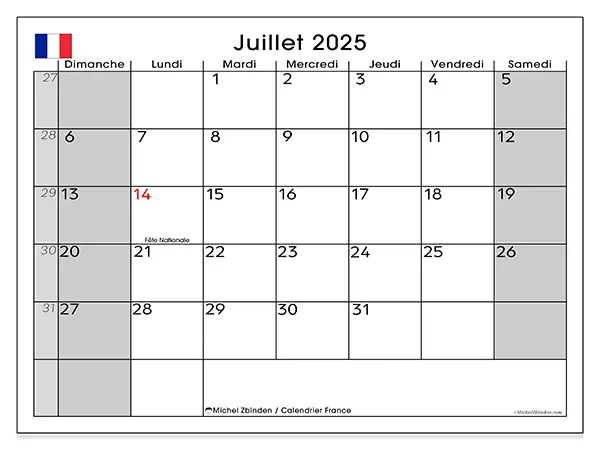 Calendrier France à imprimer gratuit, juillet 2025. Semaine :  Dimanche à samedi