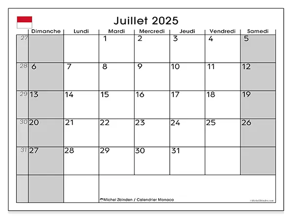 Calendrier Monaco à imprimer gratuit, juillet 2025. Semaine :  Dimanche à samedi