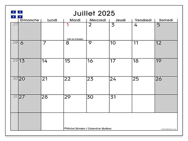 Calendrier Québec à imprimer gratuit, juillet 2025. Semaine :  Dimanche à samedi
