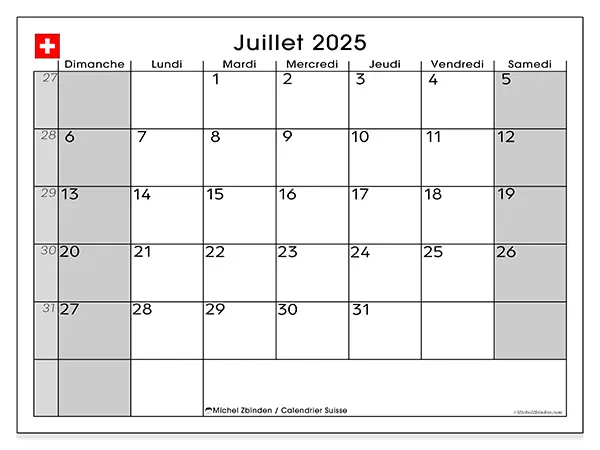Calendrier Suisse à imprimer gratuit, juillet 2025. Semaine :  Dimanche à samedi