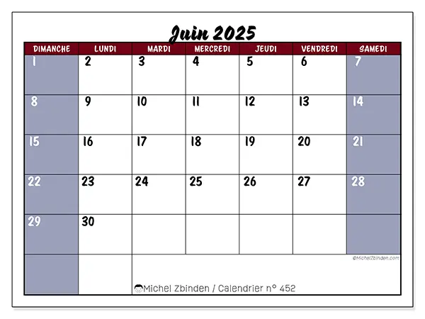 Calendrier à imprimer n° 452 pour juin 2025. Semaine : Dimanche à samedi.