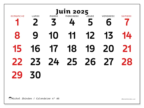 Calendrier à imprimer n° 46, juin 2025