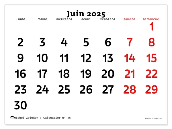 Calendrier n° 46 à imprimer gratuit, juin 2025. Semaine :  Lundi à dimanche