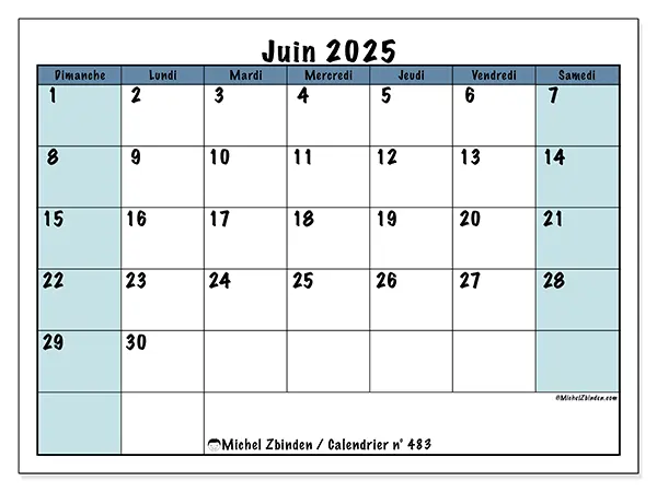 Calendrier à imprimer n° 483 pour juin 2025. Semaine : Dimanche à samedi.