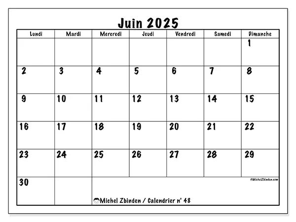 Calendrier n° 48 à imprimer gratuit, juin 2025. Semaine :  Lundi à dimanche