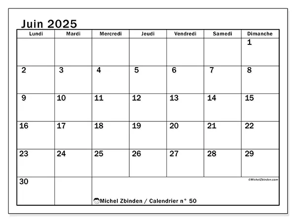 Calendrier n° 50 à imprimer gratuit, juin 2025. Semaine :  Lundi à dimanche