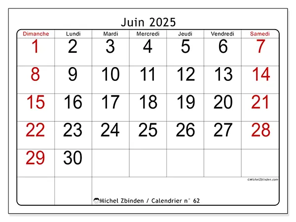 Calendrier à imprimer n° 62 pour juin 2025. Semaine : Dimanche à samedi.