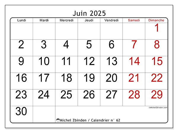 Calendrier n° 62 à imprimer gratuit, juin 2025. Semaine :  Lundi à dimanche