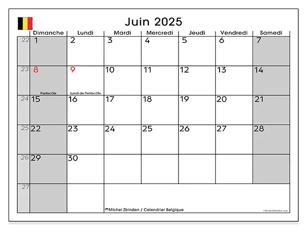 Calendrier à imprimer Belgique pour juin 2025. Semaine : Dimanche à samedi.