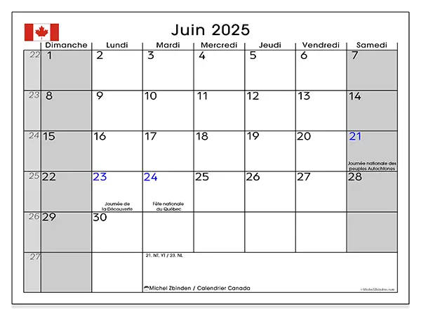 Calendrier à imprimer Canada pour juin 2025. Semaine : Dimanche à samedi.
