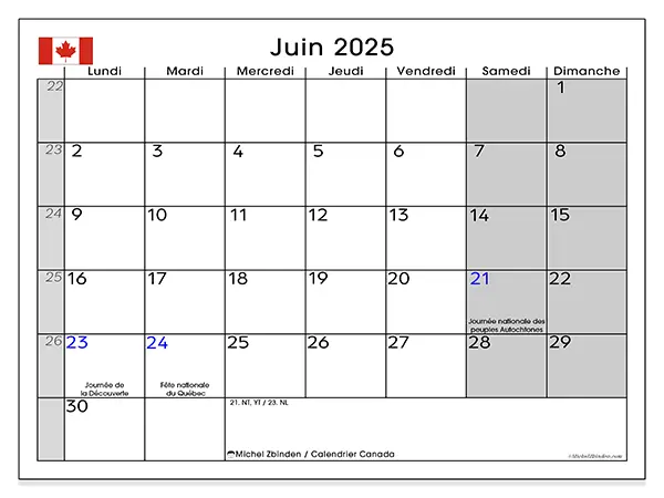 Calendrier Canada à imprimer gratuit, juin 2025. Semaine :  Lundi à dimanche