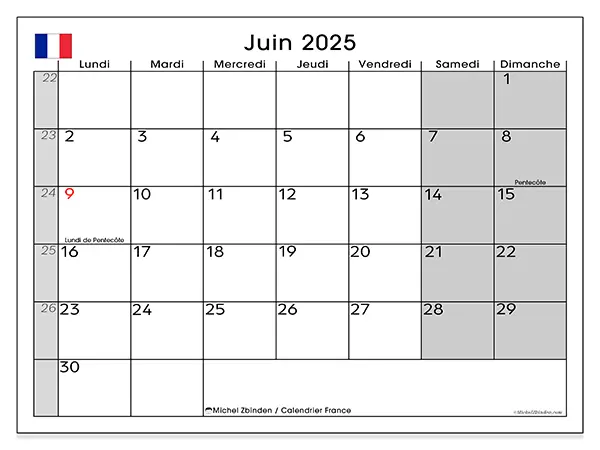 Calendrier France à imprimer gratuit, juin 2025. Semaine :  Lundi à dimanche