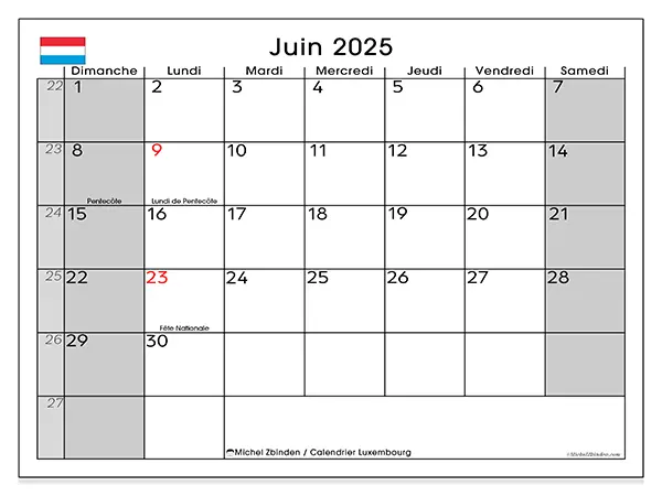 Calendrier à imprimer Luxembourg pour juin 2025. Semaine : Dimanche à samedi.