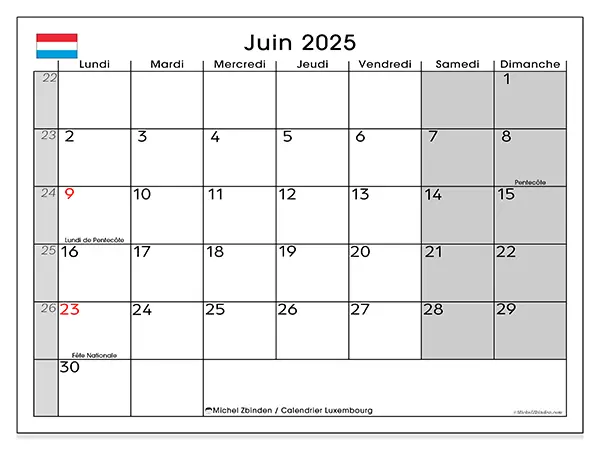 Calendrier Luxembourg à imprimer gratuit, juin 2025. Semaine :  Lundi à dimanche