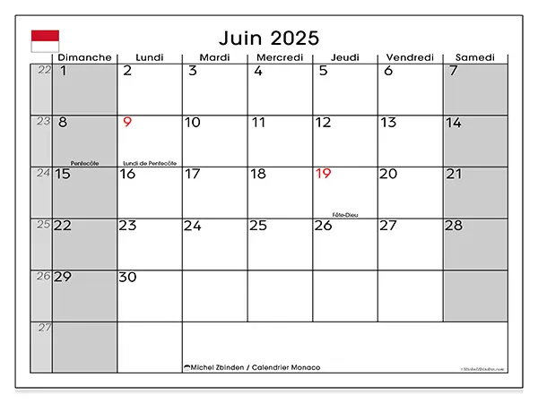 Calendrier à imprimer Monaco pour juin 2025. Semaine : Dimanche à samedi.