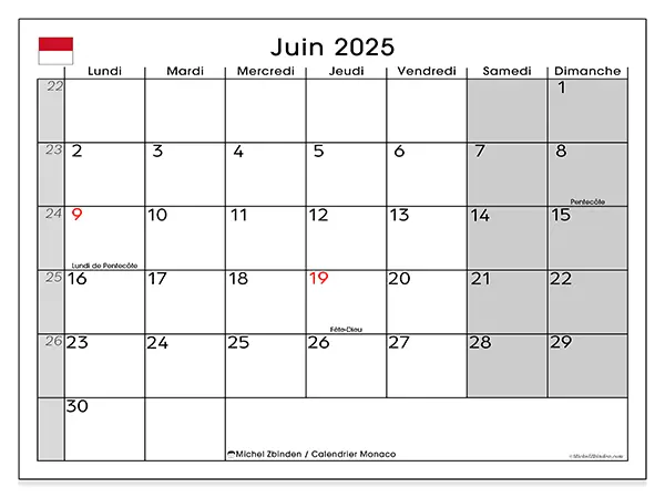 Calendrier Monaco à imprimer gratuit, juin 2025. Semaine :  Lundi à dimanche