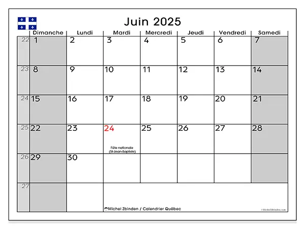 Calendrier à imprimer Québec pour juin 2025. Semaine : Dimanche à samedi.