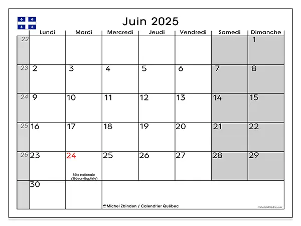 Calendrier Québec à imprimer gratuit, juin 2025. Semaine :  Lundi à dimanche