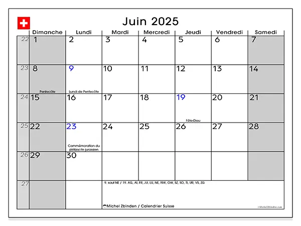 Calendrier à imprimer Suisse pour juin 2025. Semaine : Dimanche à samedi.
