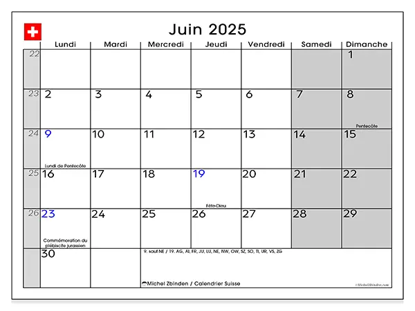 Calendrier Suisse à imprimer gratuit, juin 2025. Semaine :  Lundi à dimanche
