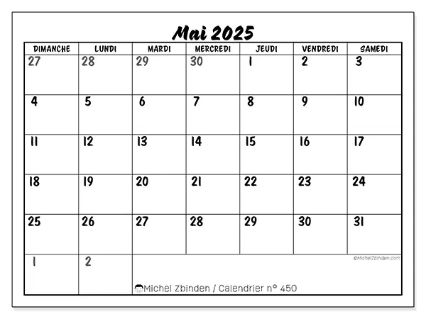 Calendrier n° 450 à imprimer gratuit, mai 2025. Semaine :  Dimanche à samedi