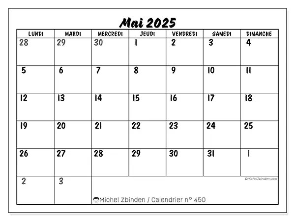 Calendrier à imprimer n° 450 pour mai 2025. Semaine : Lundi à dimanche.