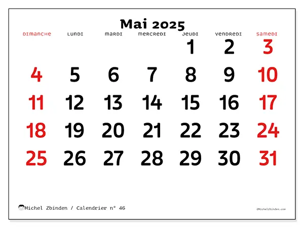 Calendrier n° 46 à imprimer gratuit, mai 2025. Semaine :  Dimanche à samedi