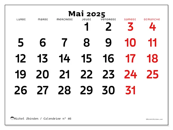 Calendrier à imprimer n° 46 pour mai 2025. Semaine : Lundi à dimanche.