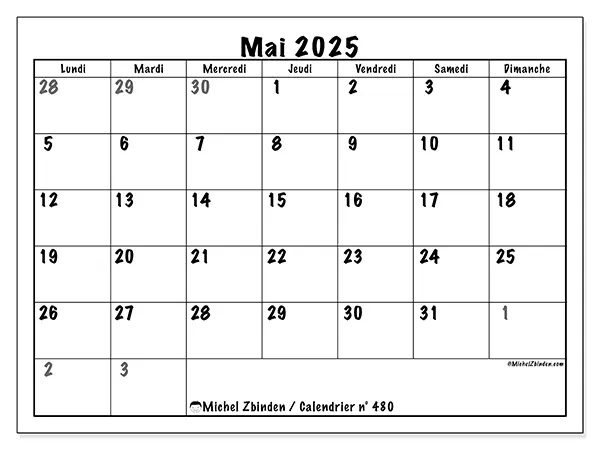 Calendrier à imprimer n° 480 pour mai 2025. Semaine : Lundi à dimanche.